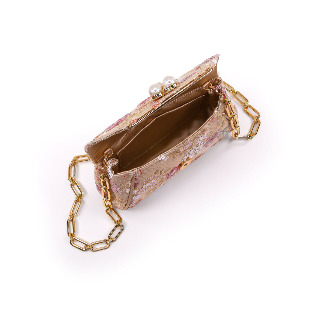Champagne | Floral Sequin with Pearl Brooch Clutch Open