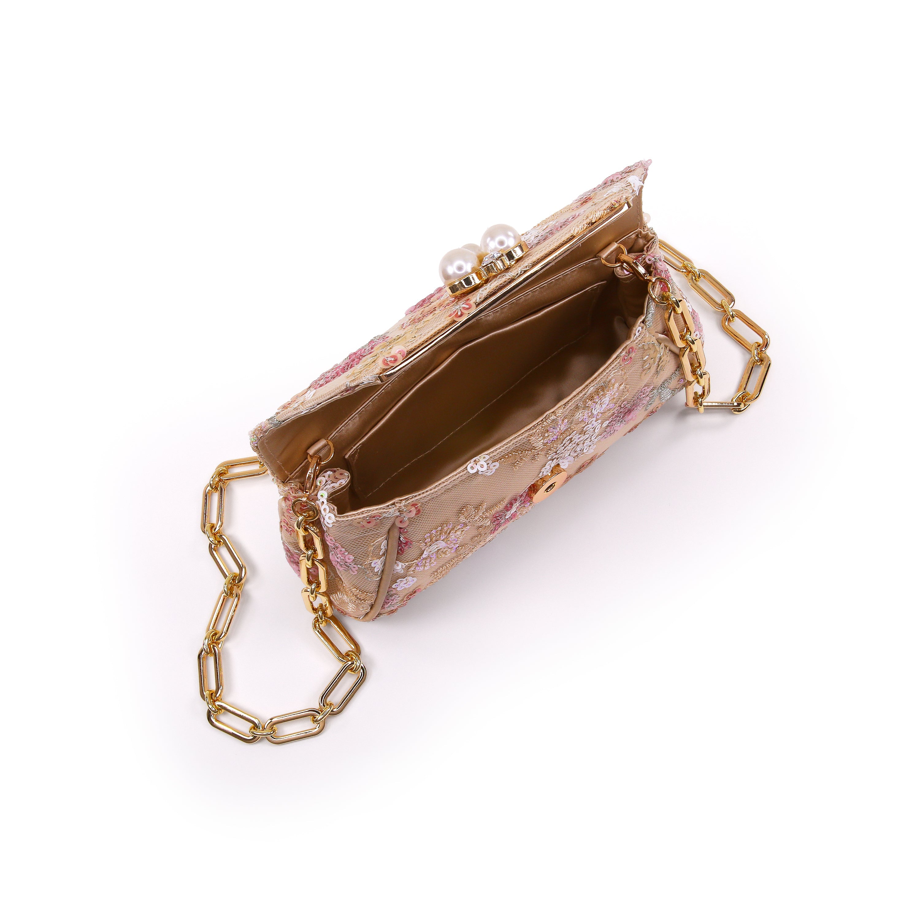 Champagne | Floral Sequin with Pearl Brooch Clutch Open