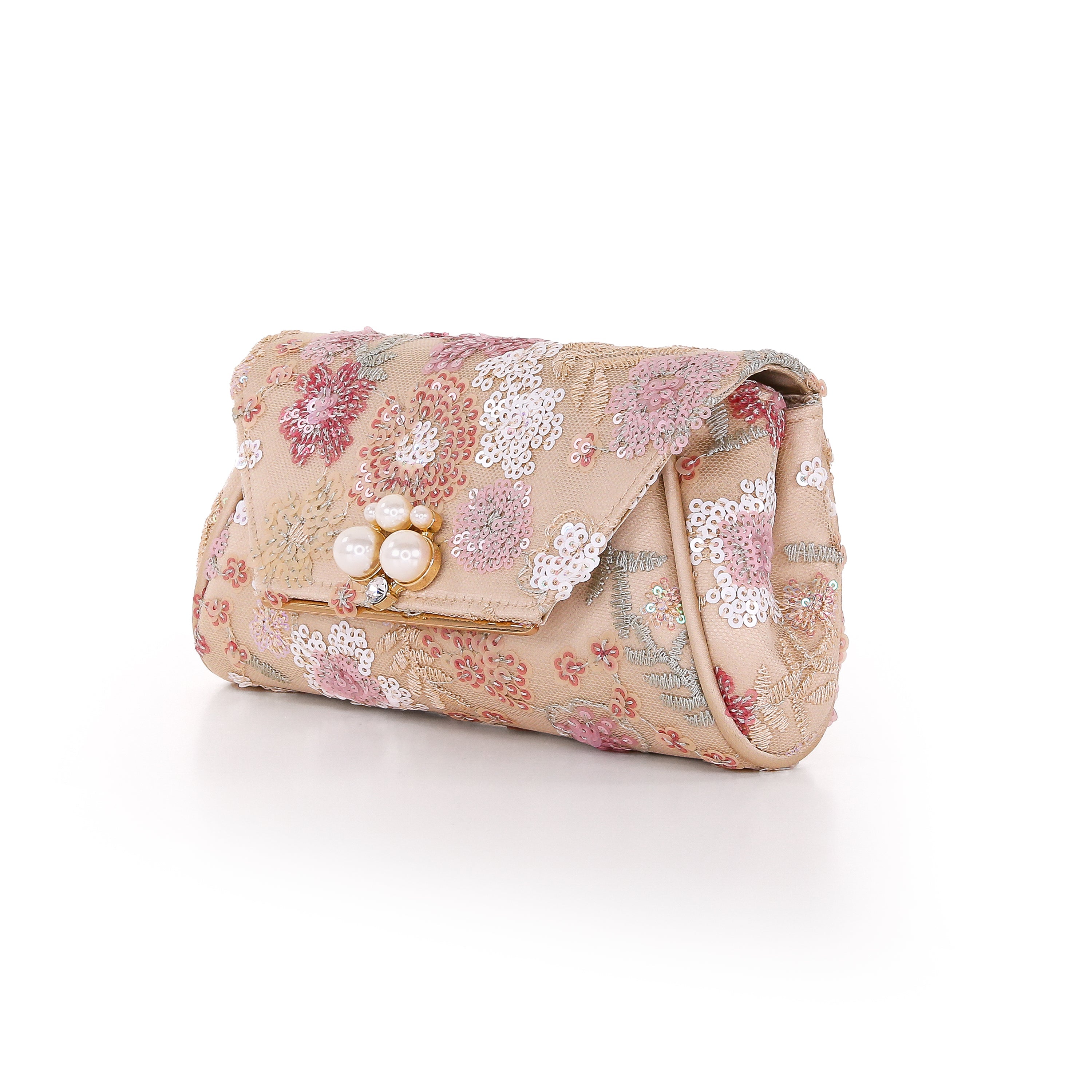 Champagne | Floral Sequin with Pearl Brooch Clutch Side