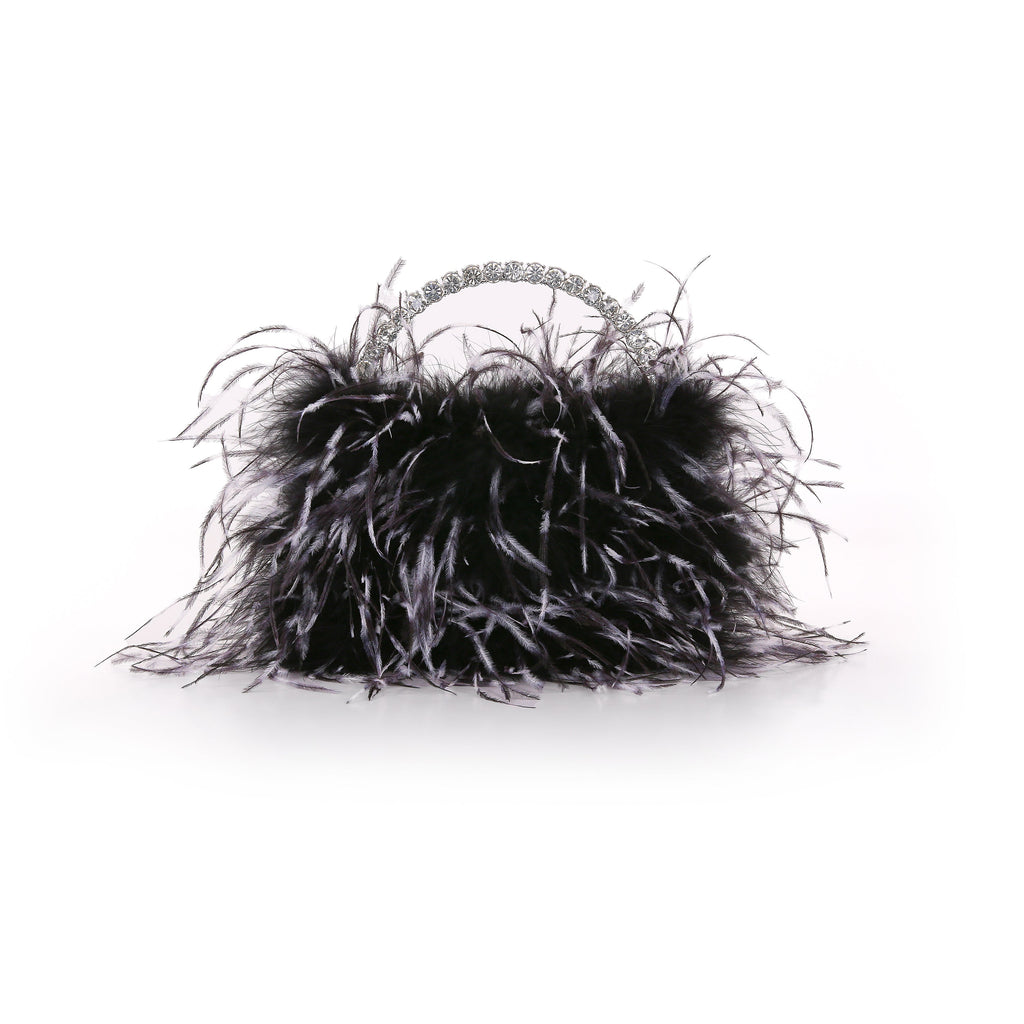 Black/White | Ostrich Feather Pouch Halfmoon Handle Front