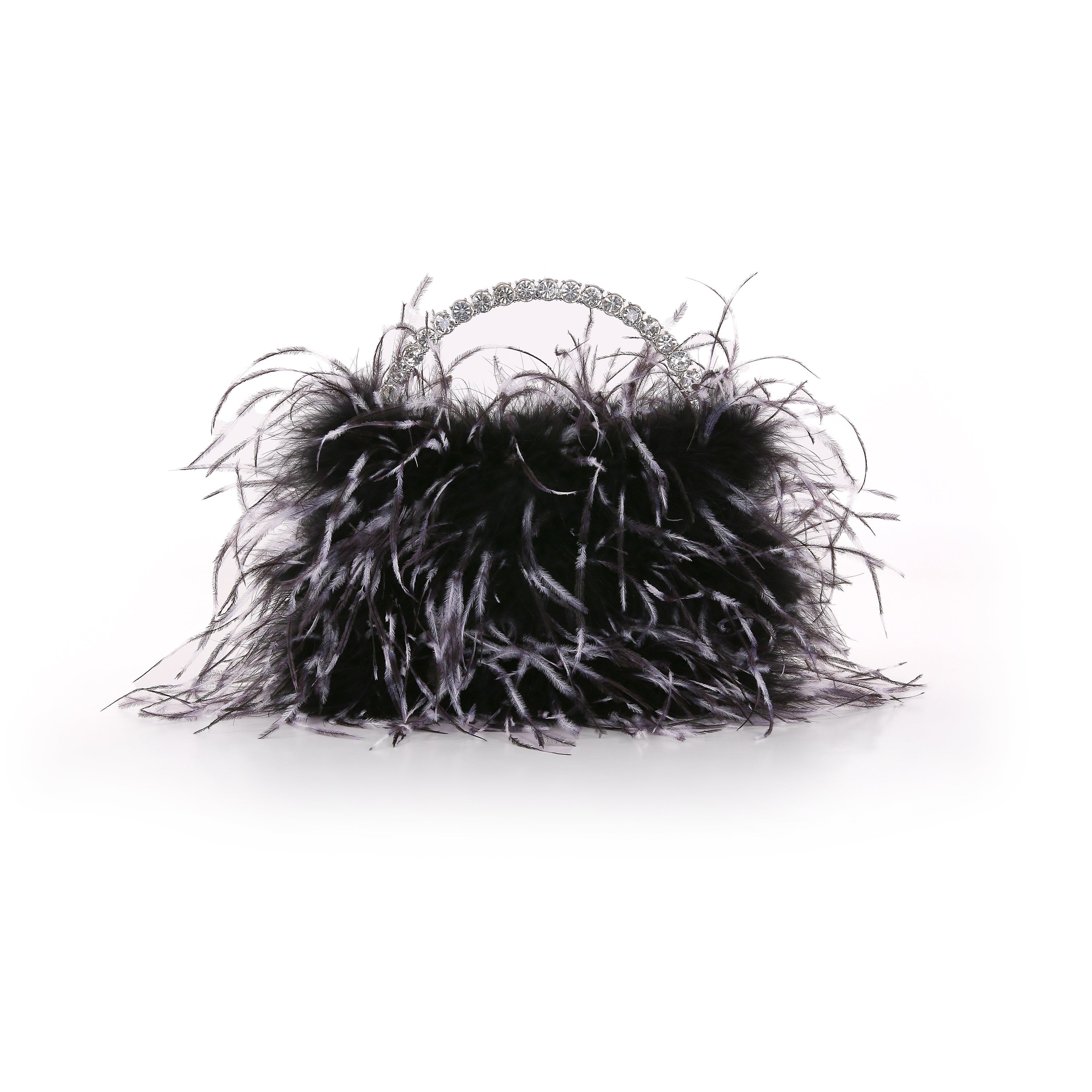 Black/White | Ostrich Feather Pouch Halfmoon Handle Front