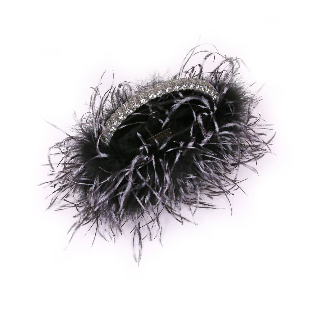 Black/White | Ostrich Feather Pouch Halfmoon Handle Open