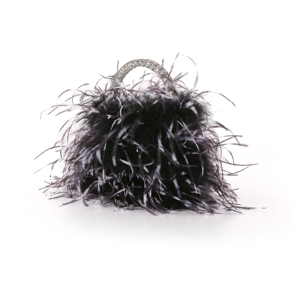 Black/White | Ostrich Feather Pouch Halfmoon Handle Side