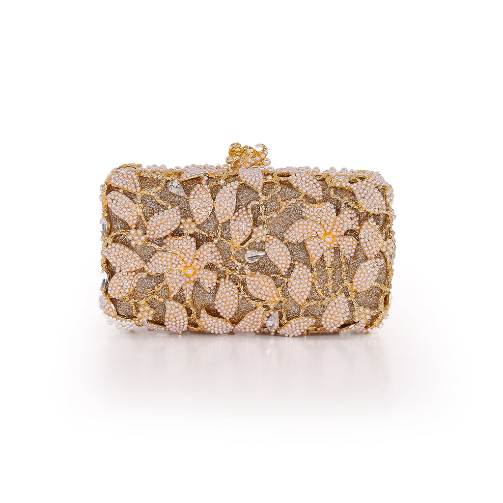 Gold | Floral Vine Pearl and Crystal Beaded Minaudiere Back