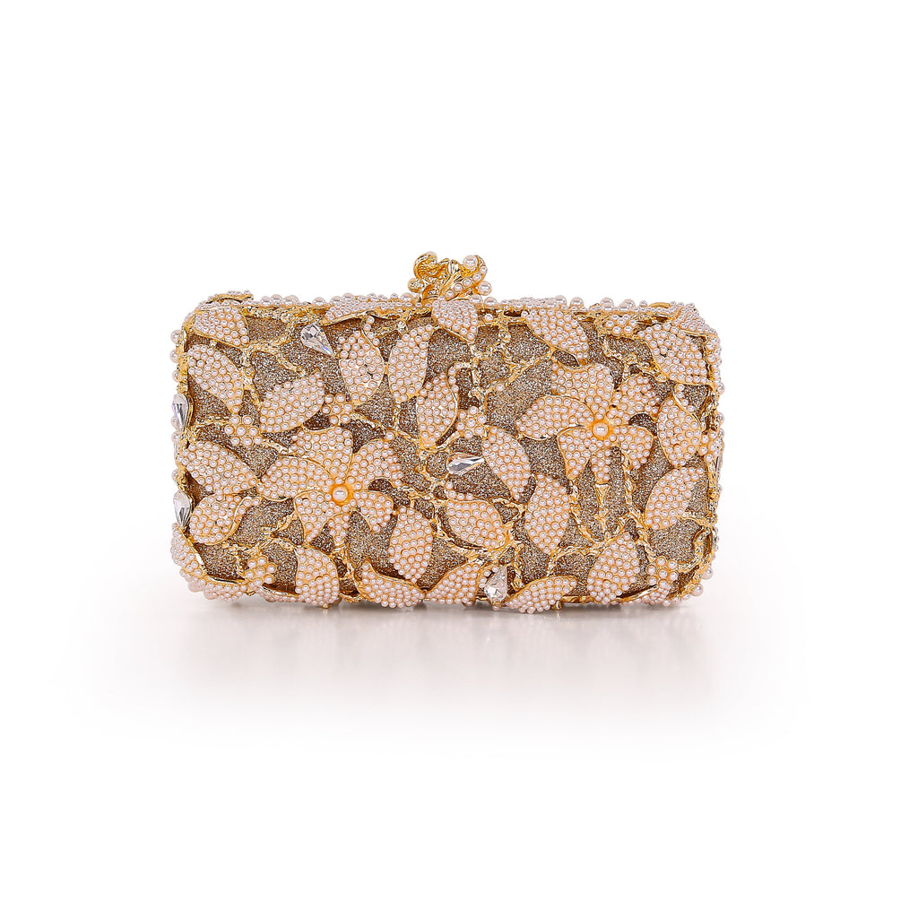 Gold | Floral Vine Pearl and Crystal Beaded Minaudiere Front