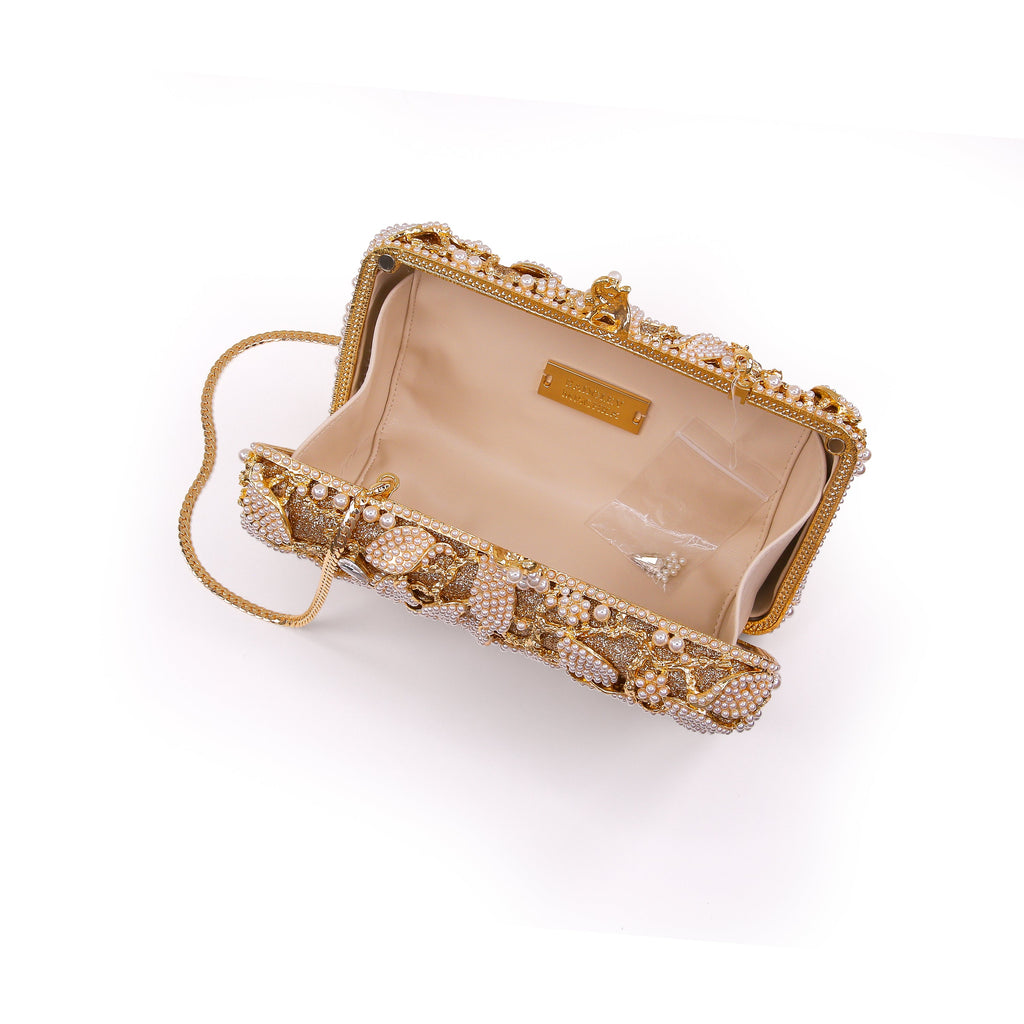 Gold | Floral Vine Pearl and Crystal Beaded Minaudiere Open