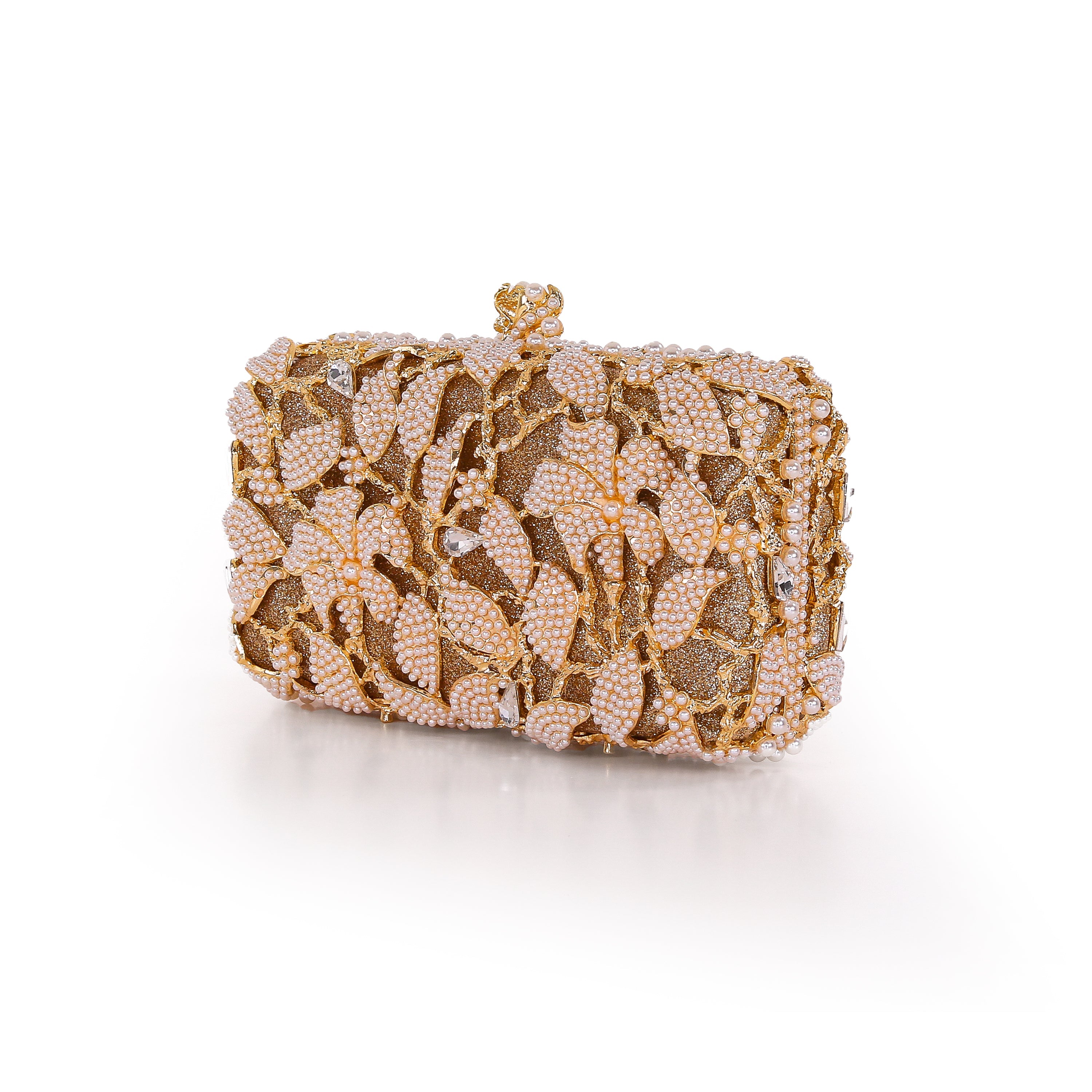 Gold | Floral Vine Pearl and Crystal Beaded Minaudiere Side