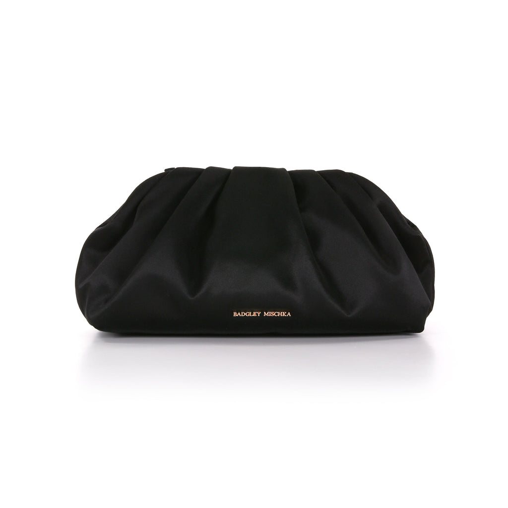 Black | Silk Satin Zipper Top Pouch Clutch Front