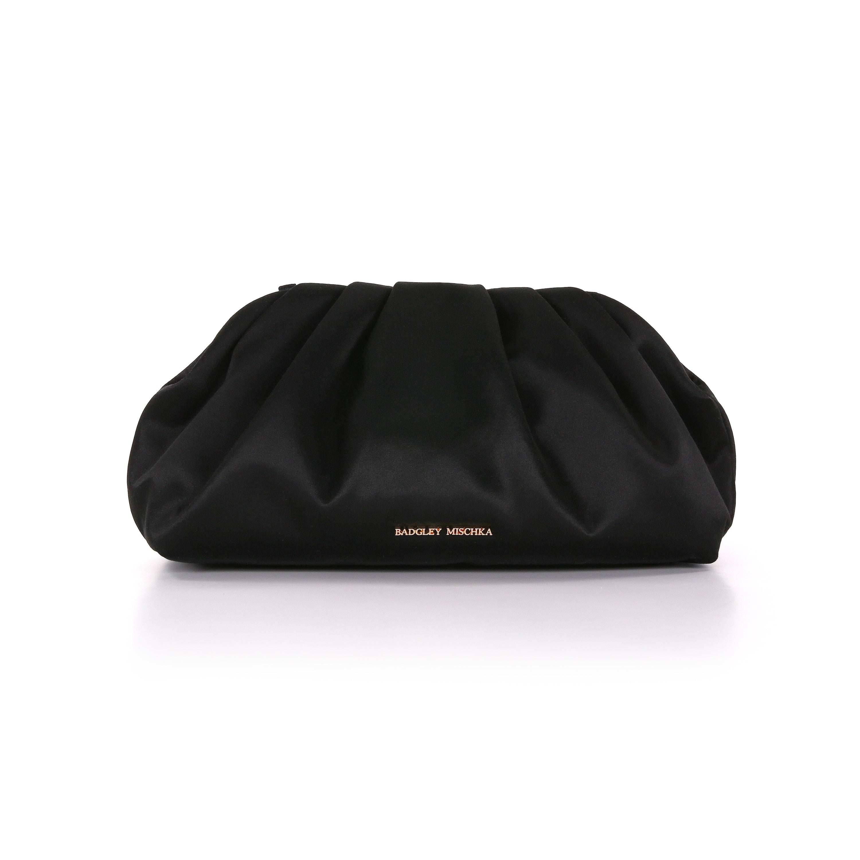 Black | Silk Satin Zipper Top Pouch Clutch Front