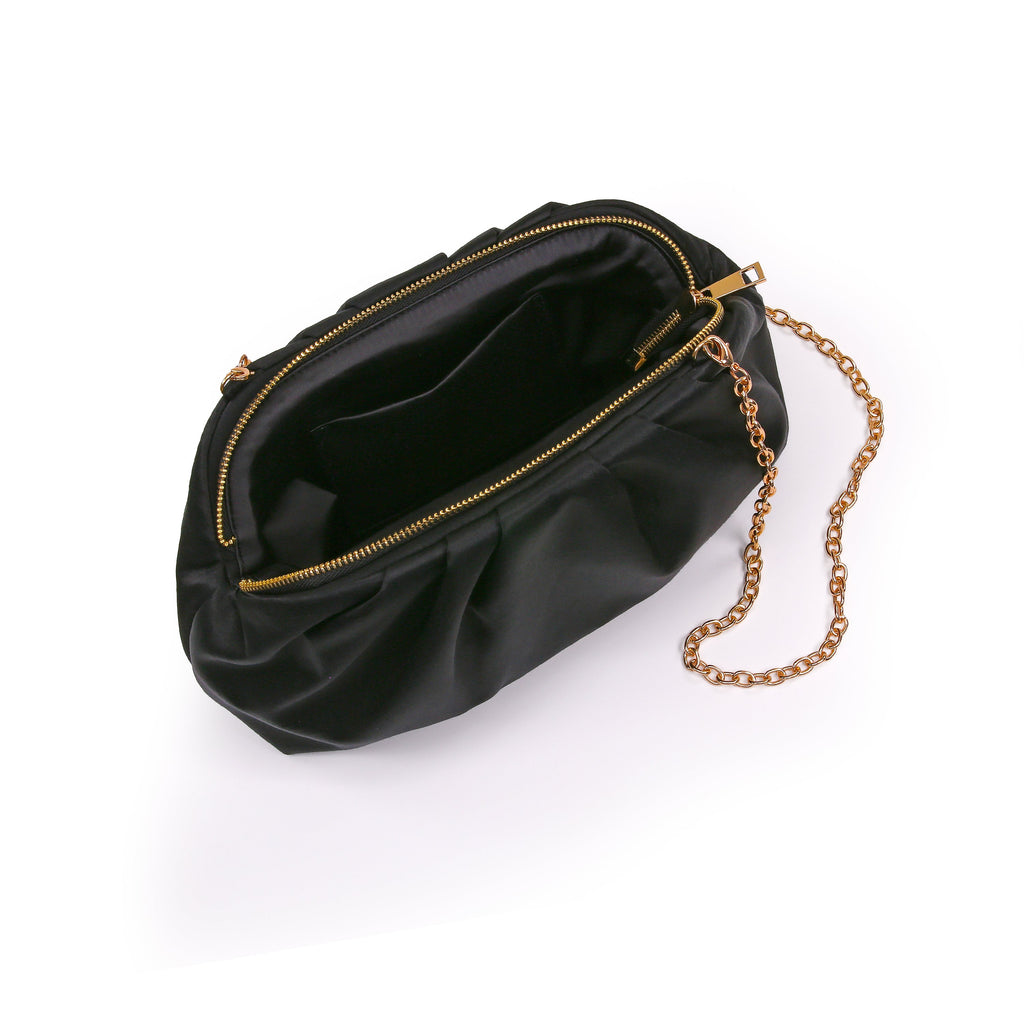 Black | Silk Satin Zipper Top Pouch Clutch Open