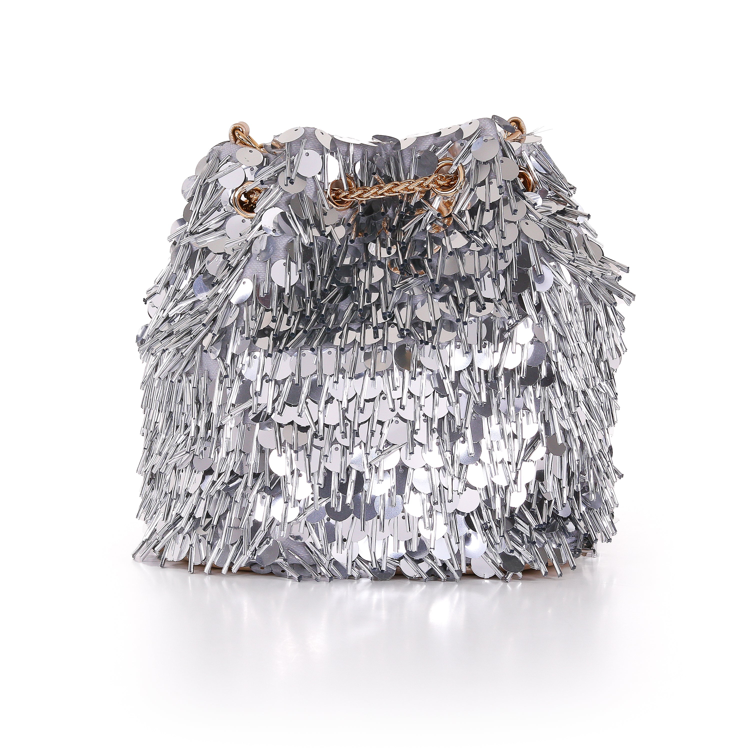 Silver Gold | Sequin And Bugle Bead Bucket Bag Back