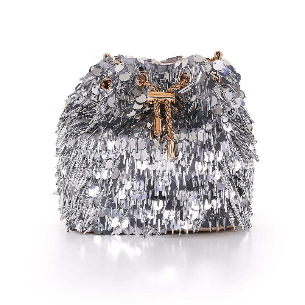 Silver Gold | Sequin And Bugle Bead Bucket Bag Front