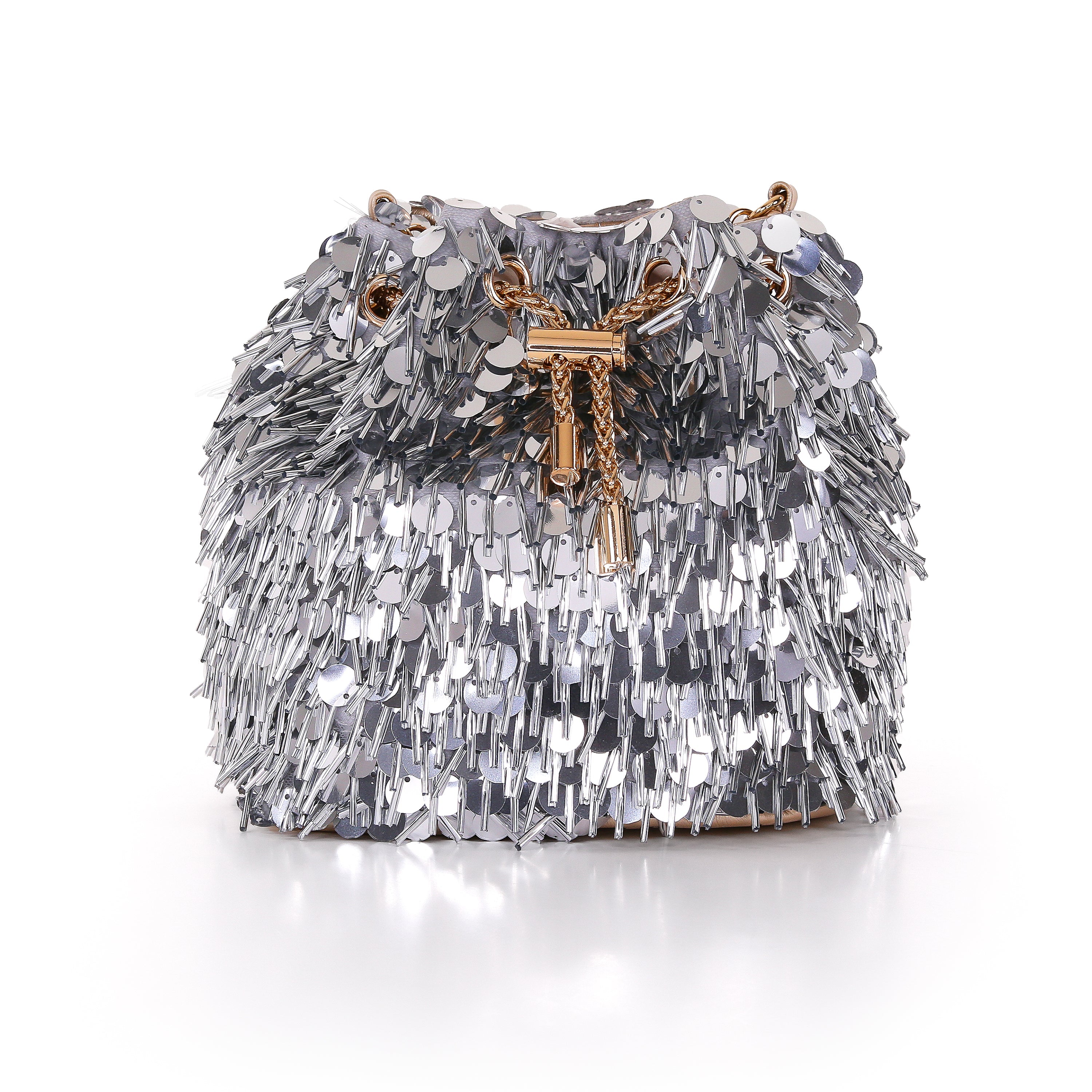 Silver Gold | Sequin And Bugle Bead Bucket Bag Front