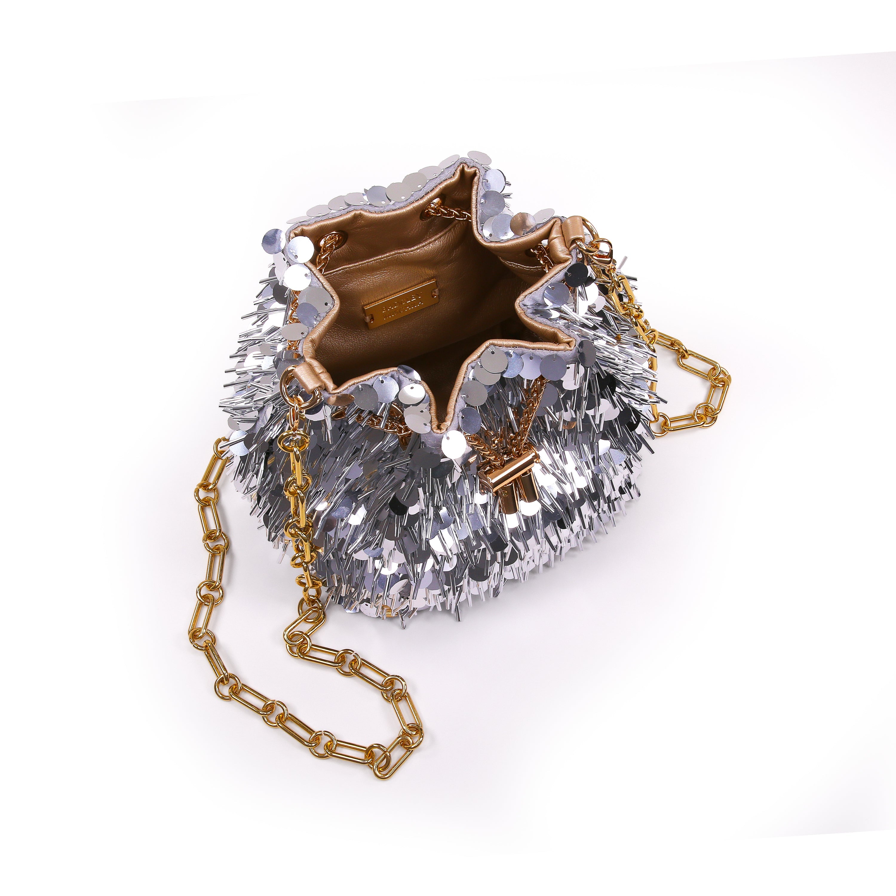 Silver Gold | Sequin And Bugle Bead Bucket Bag Open