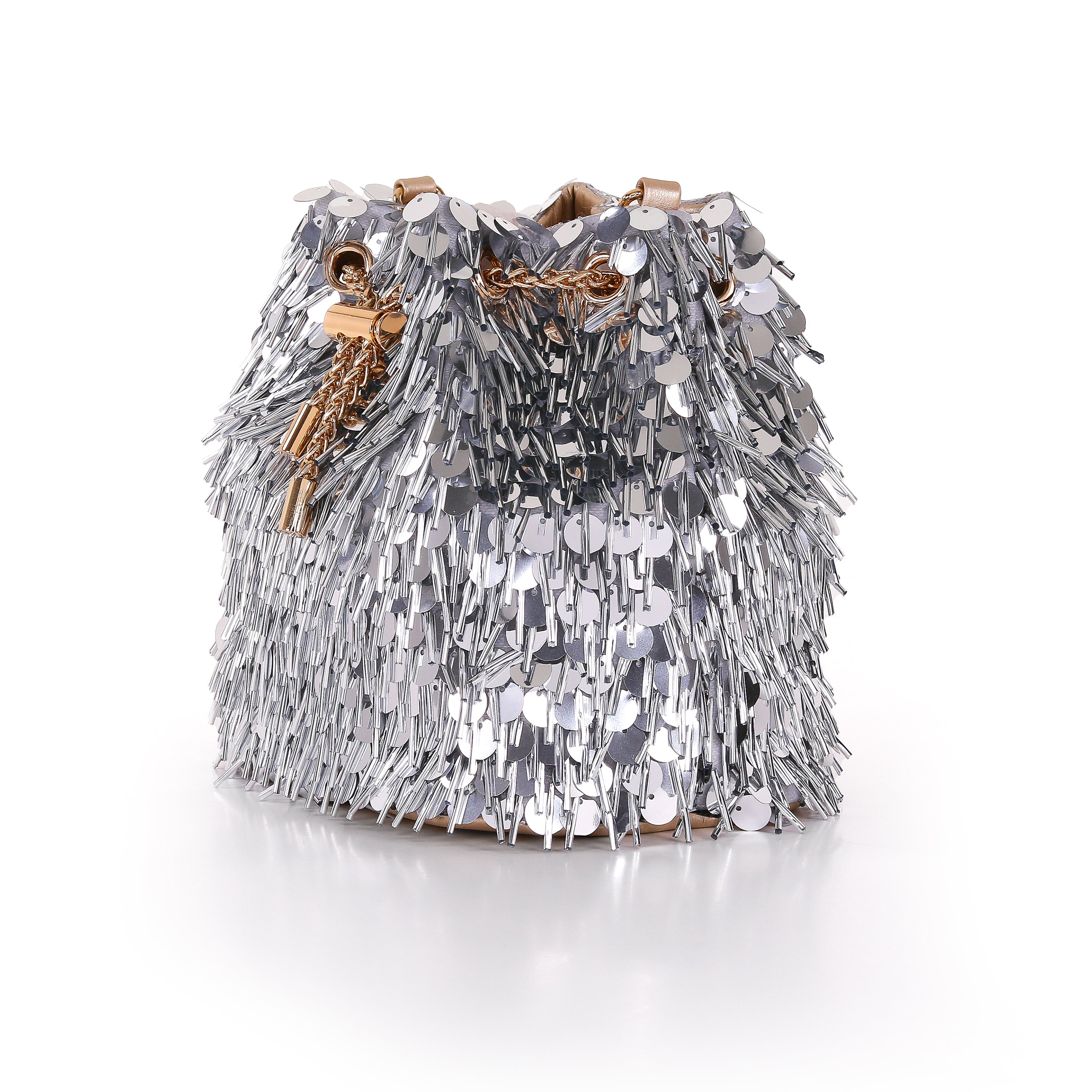 Silver Gold | Sequin And Bugle Bead Bucket Bag Side