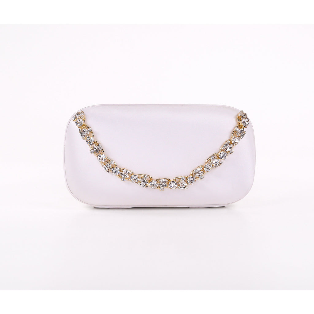White | Satin Minaudiere with Crystal Necklace Handslip Front