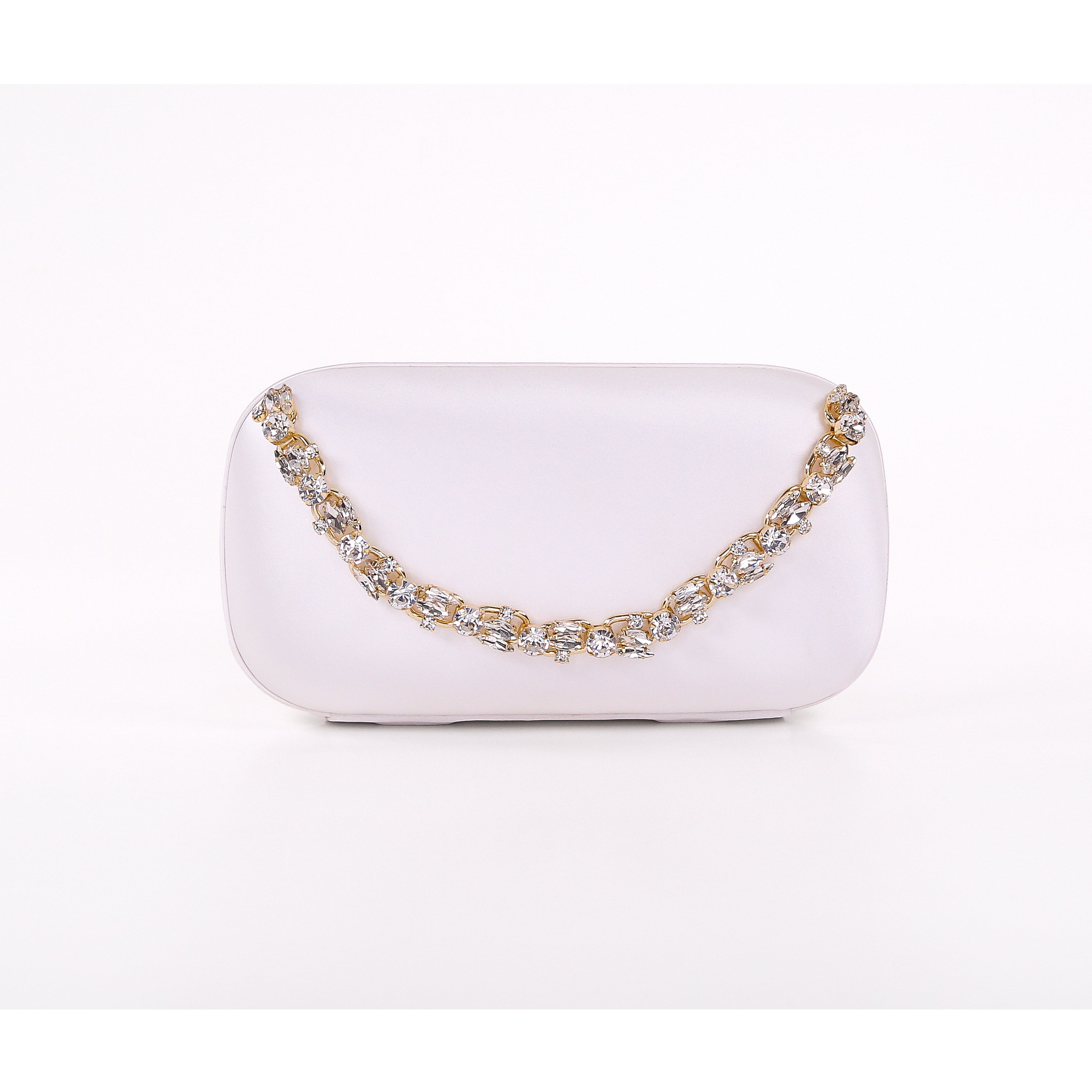 White | Satin Minaudiere with Crystal Necklace Handslip Front
