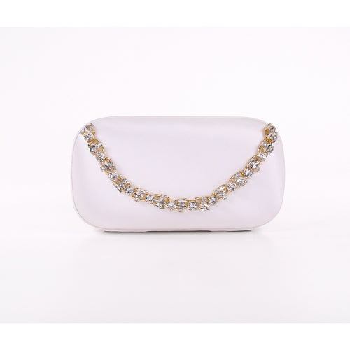 White | Satin Minaudiere with Crystal Necklace Handslip Front