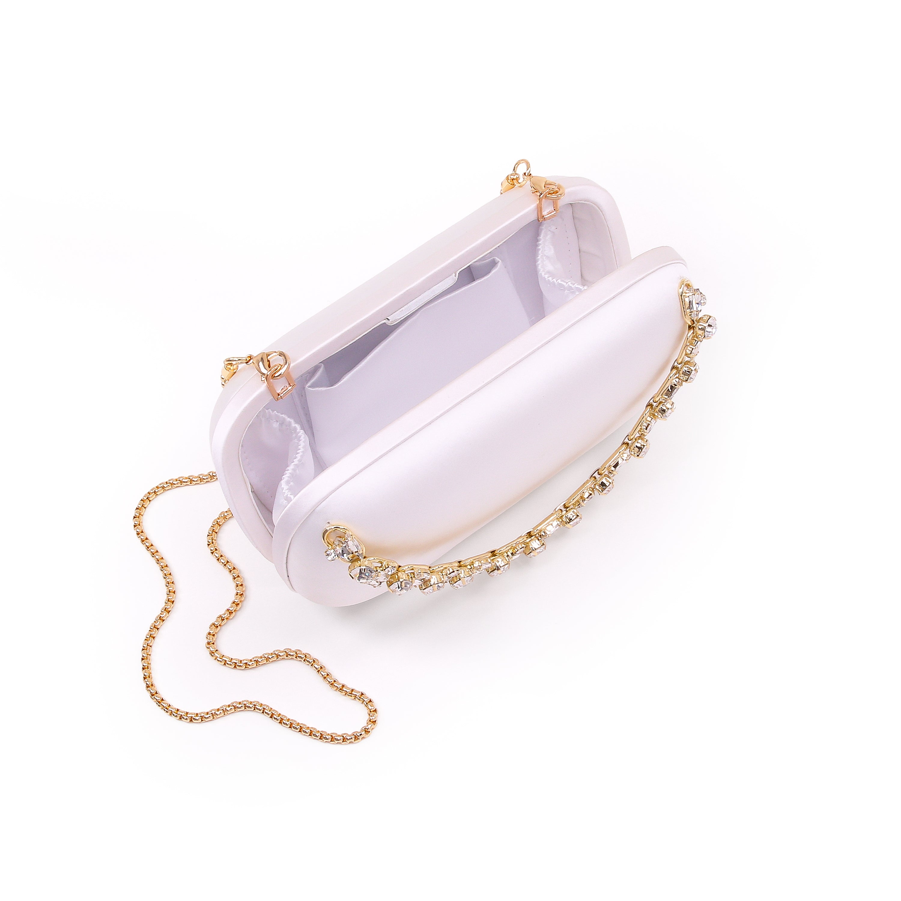 White | Satin Minaudiere with Crystal Necklace Handslip Open