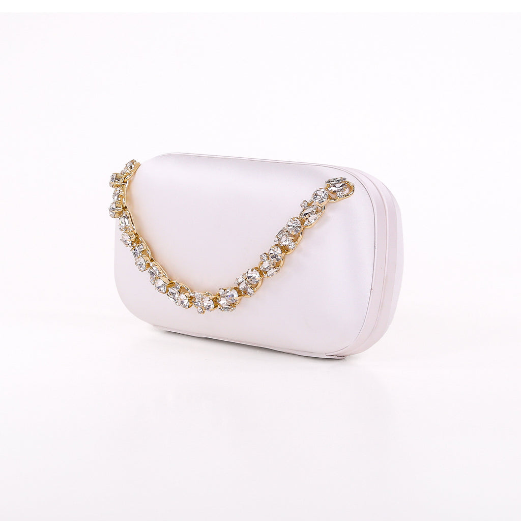 White | Satin Minaudiere with Crystal Necklace Handslip Side