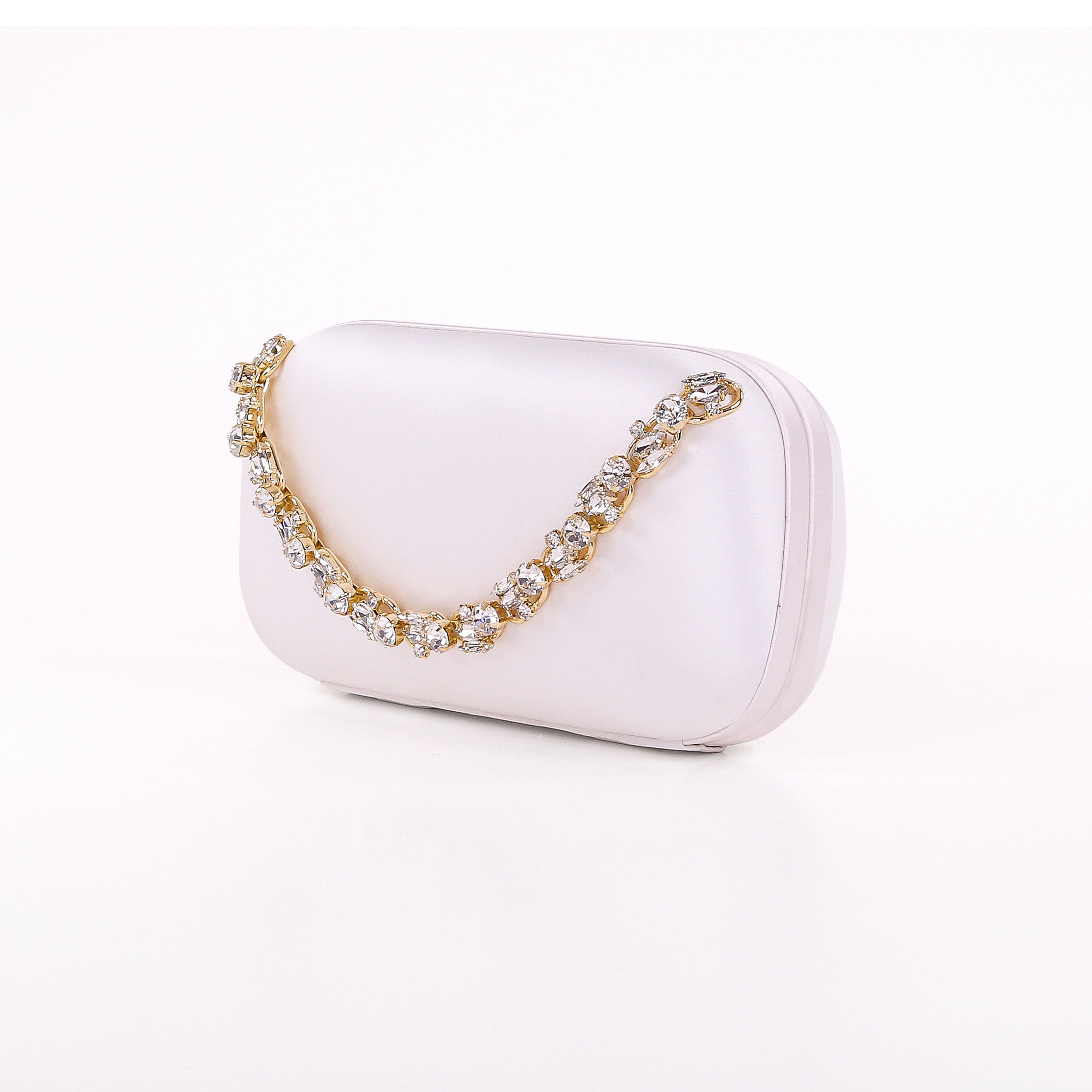 White | Satin Minaudiere with Crystal Necklace Handslip Side