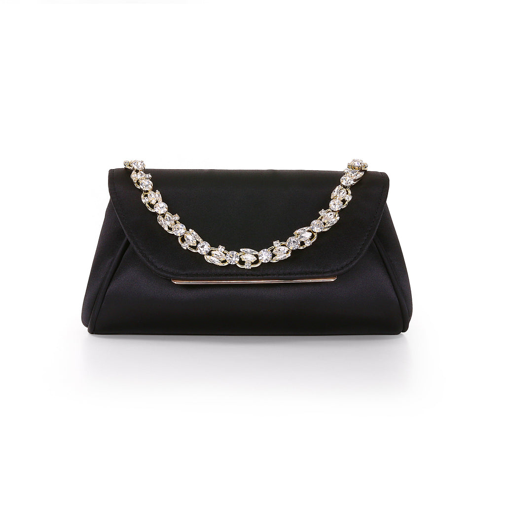 Black | Satin Clutch with Crystal Necklace Handslip Front