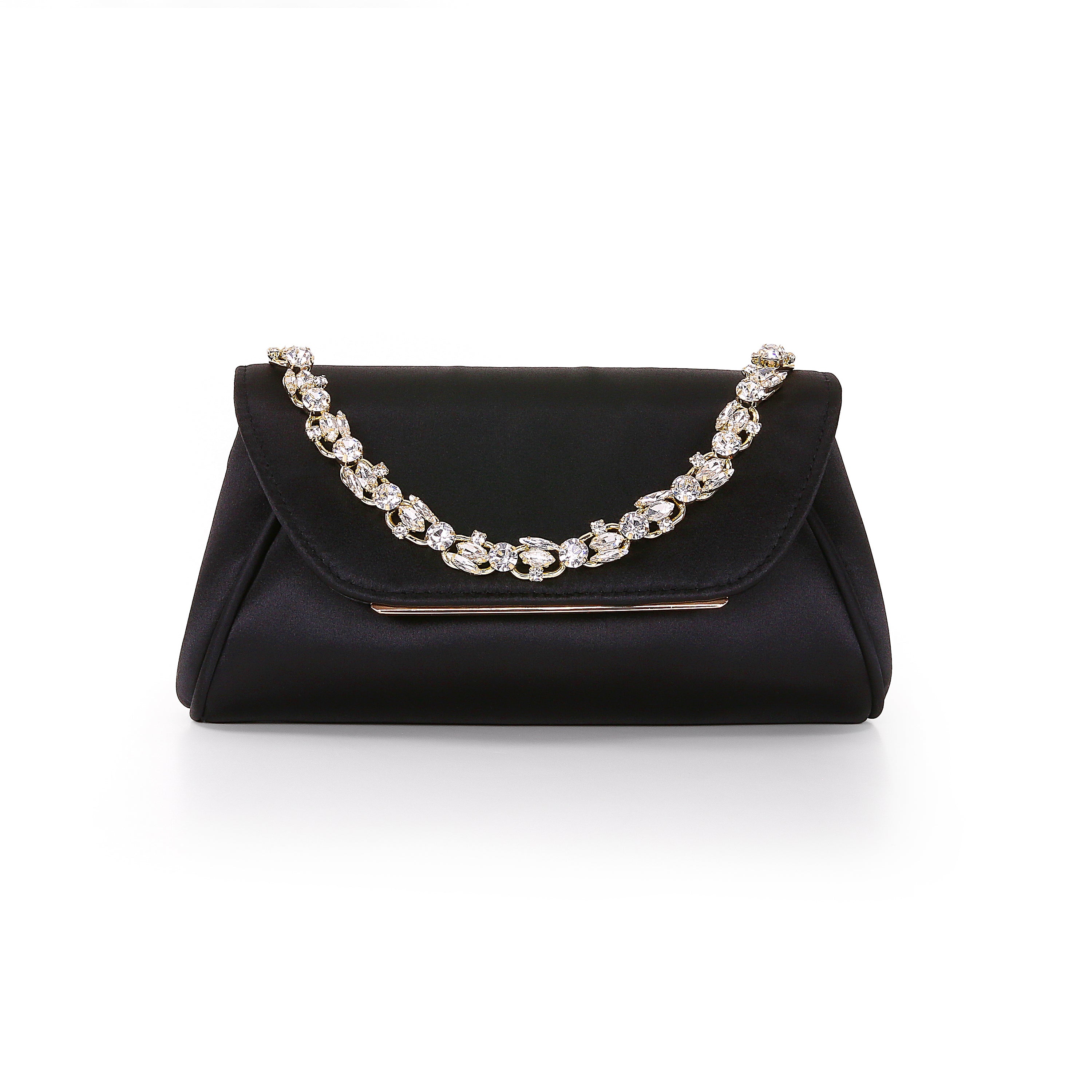 Black | Satin Clutch with Crystal Necklace Handslip Front
