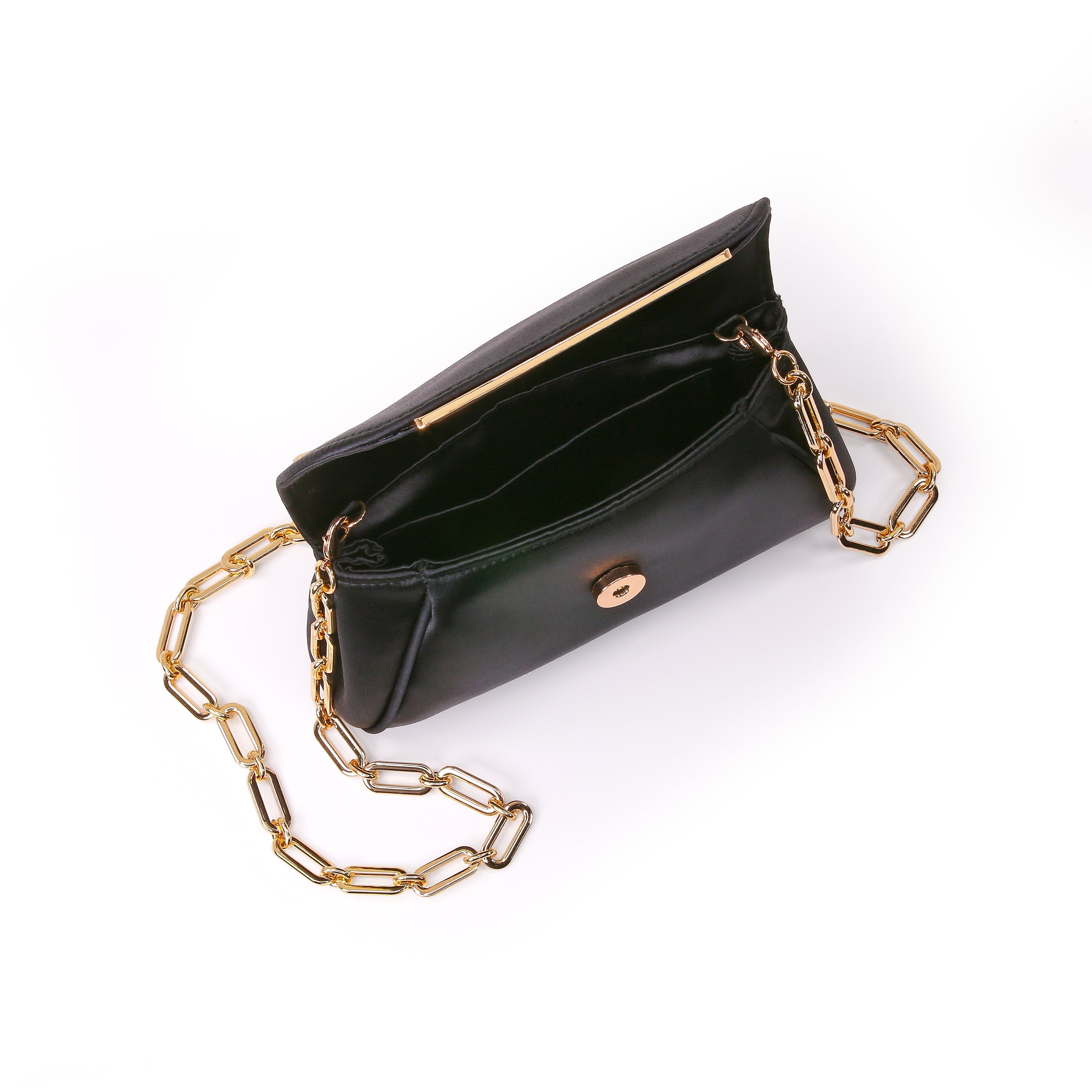 Black | Satin Clutch with Crystal Necklace Handslip Open