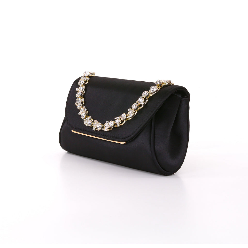 Black | Satin Clutch with Crystal Necklace Handslip Side