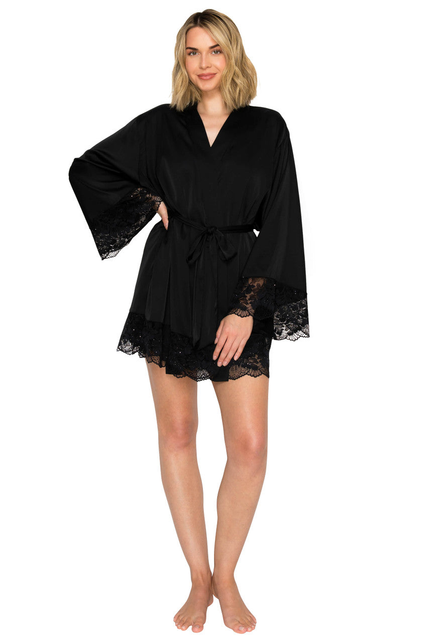 Jet Black | Luxe Satin & Sparkle Lace Short Wrap Robe Front