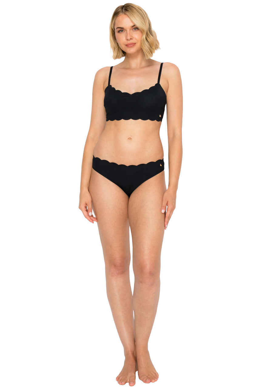 Jet Black | Yummy Baby Rib Scallop Thong Front