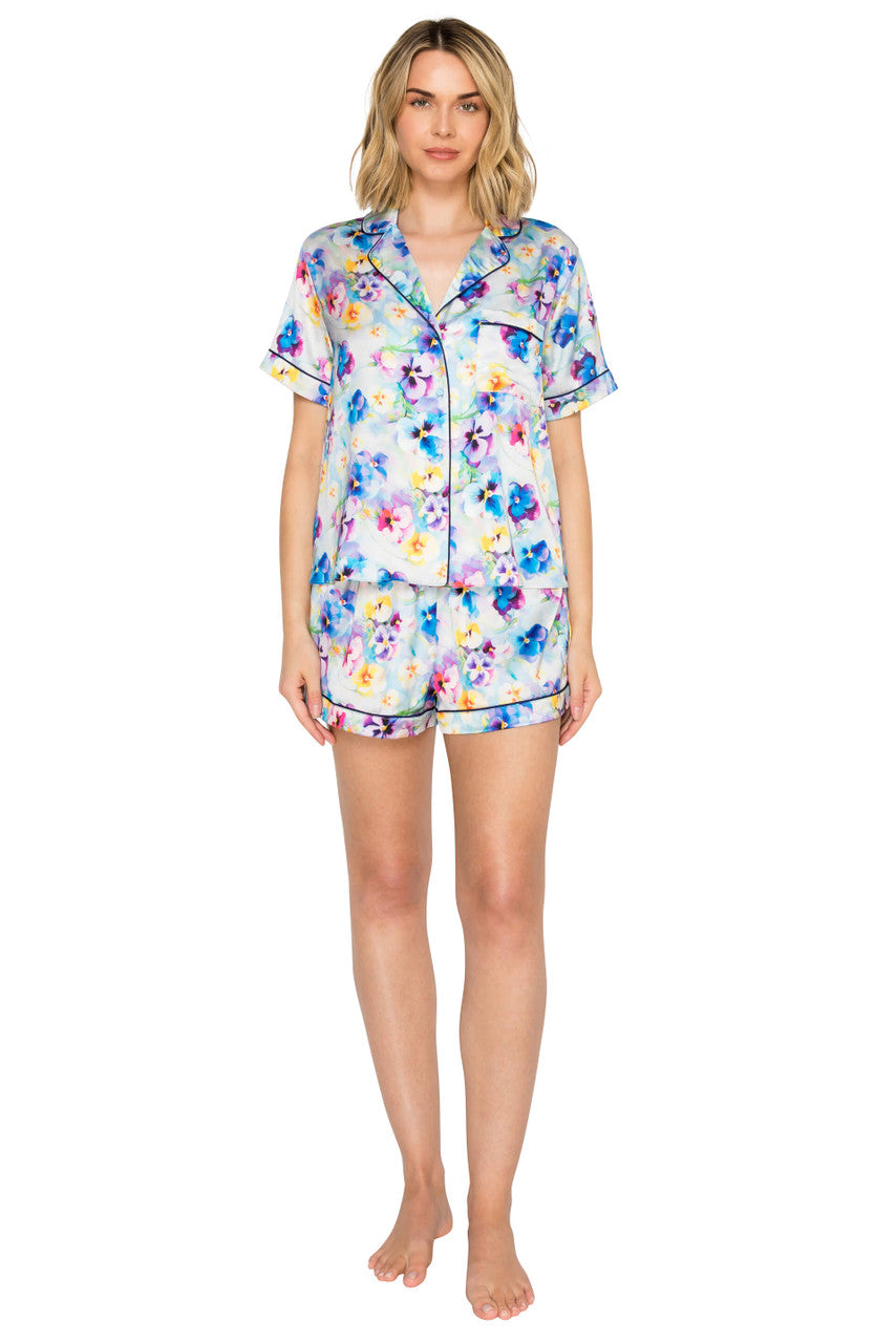 Blue Floral Print | Luxe Satin Notched Collar Short Pajama Set Front