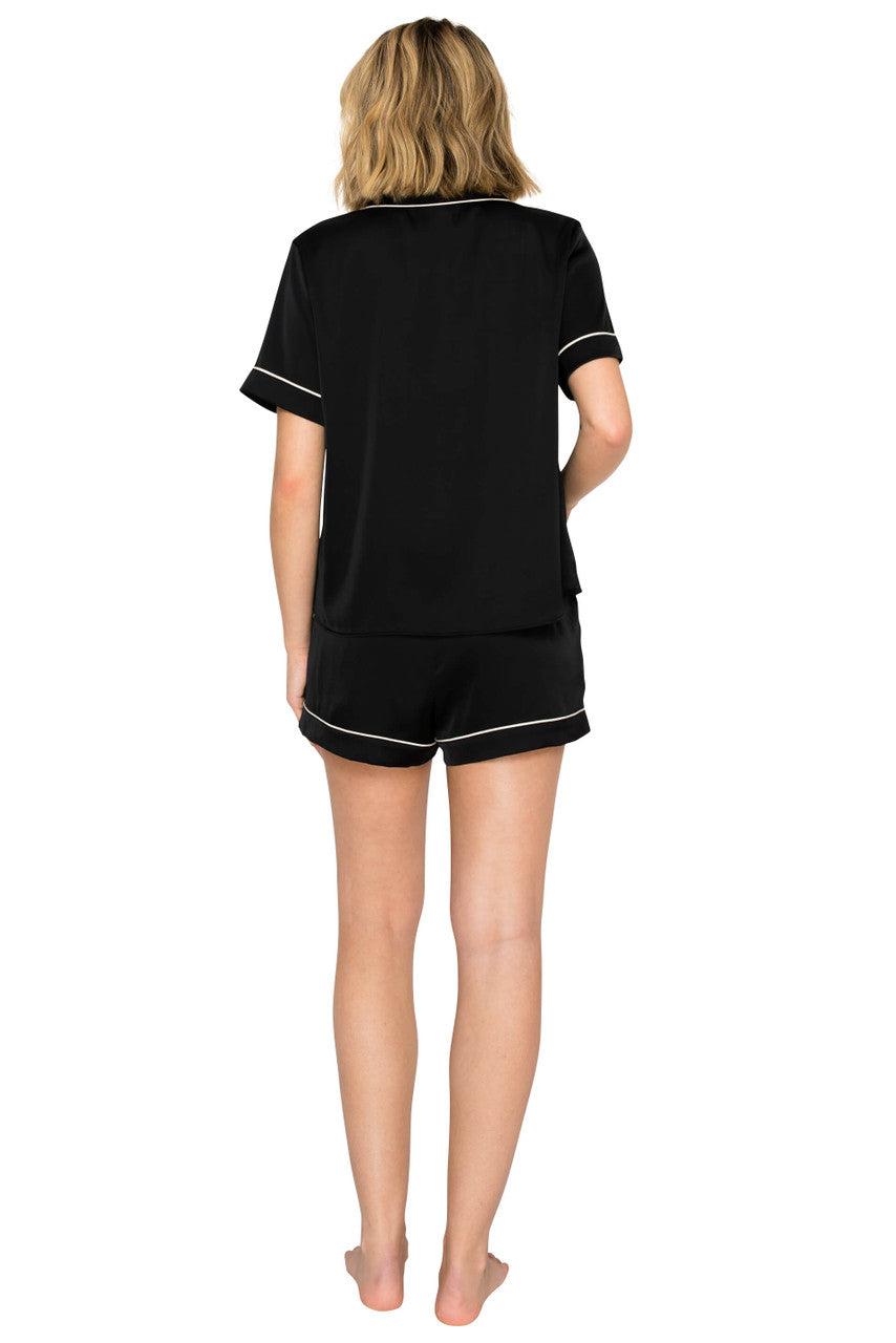 Jet Black | Luxe Satin Notched Collar Short Pajama Set Back