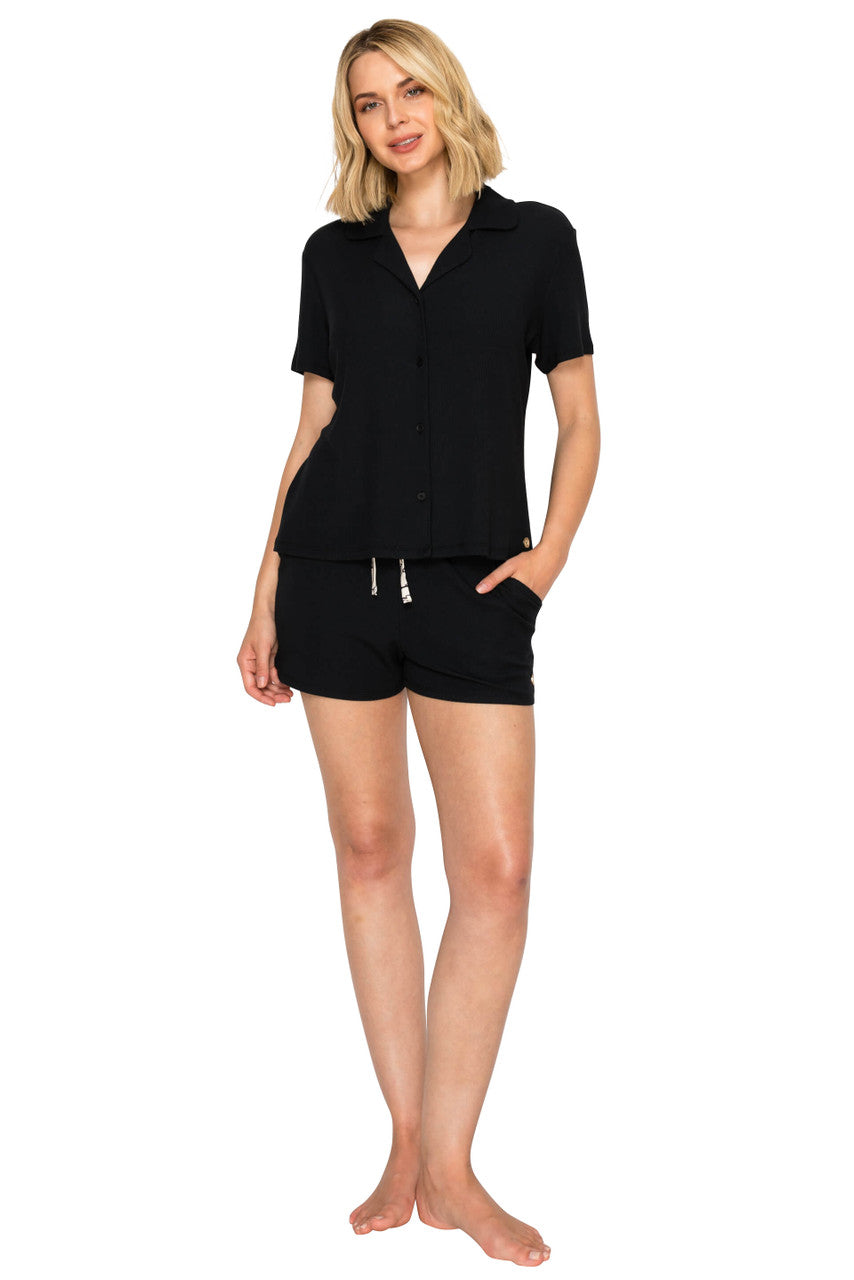 Jet Black | Yummy Modal Blend Rib Button-Up Short Pajama Set Front