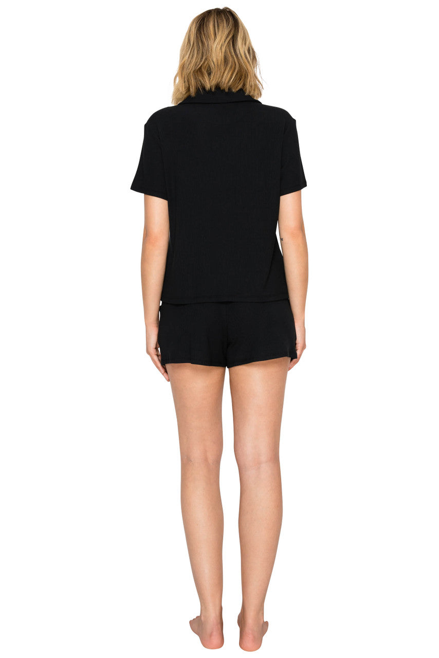 Jet Black | Yummy Modal Blend Rib Button-Up Short Pajama Set Back