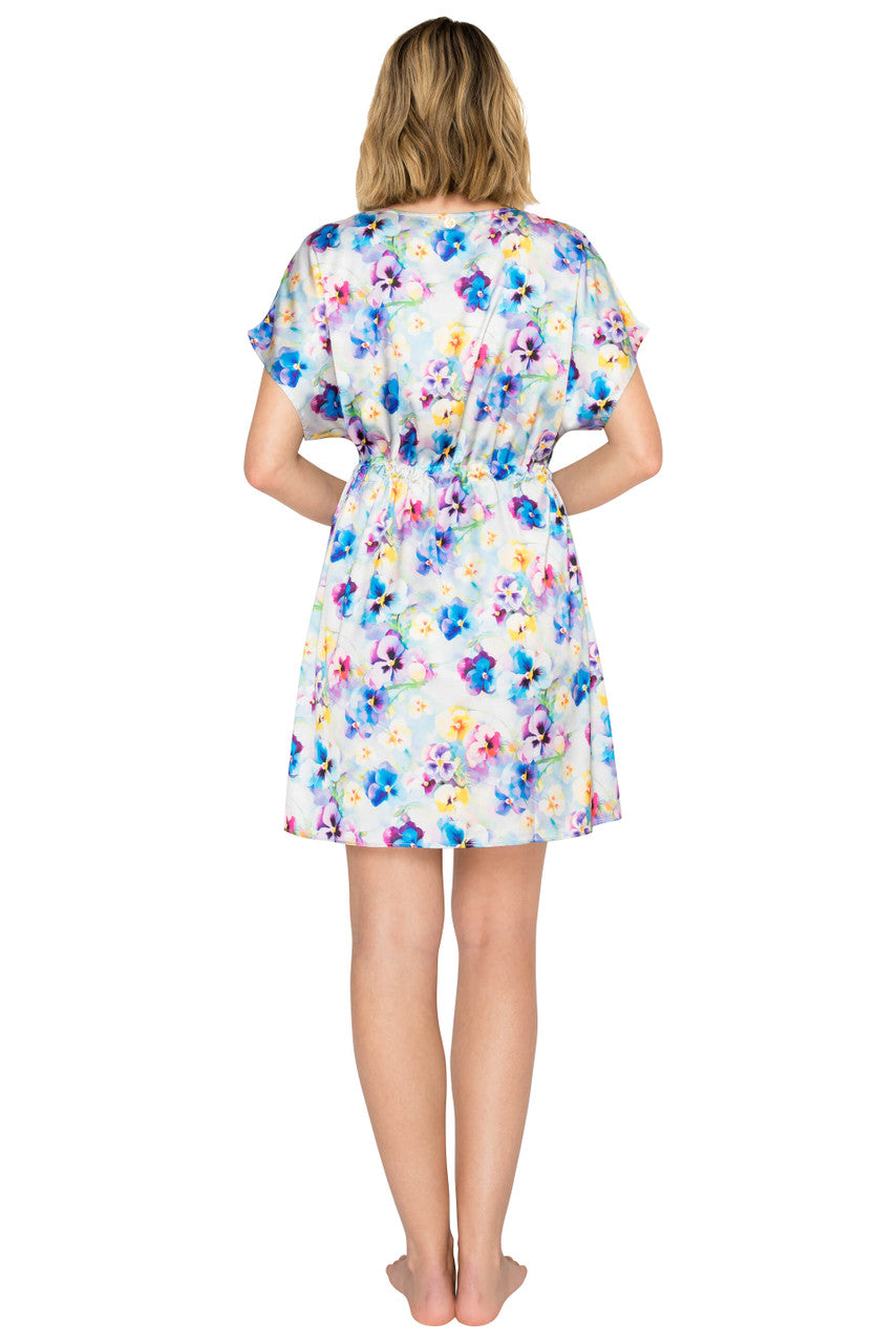 Blue Floral Print | Luxe Floral Satin Dolman Short Kaftan Back