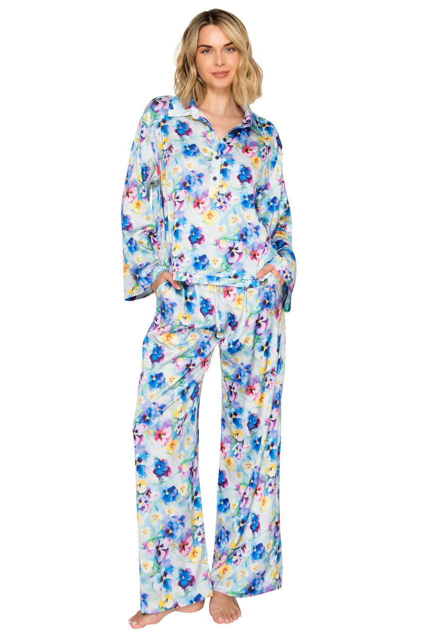 Blue Floral Print | Luxe Floral Satin Long Sleeve & Wide Leg Pajama Set Front