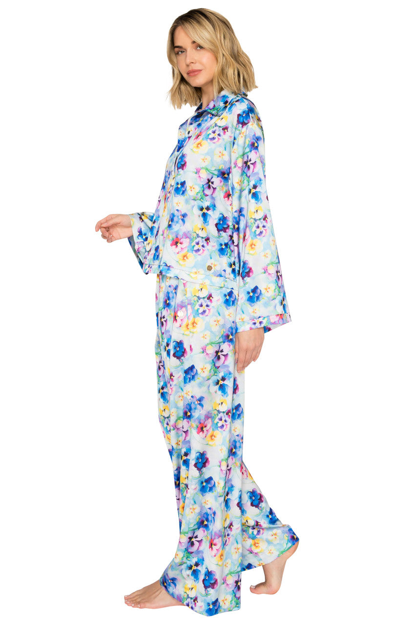 Blue Floral Print | Luxe Floral Satin Long Sleeve & Wide Leg Pajama Set Side