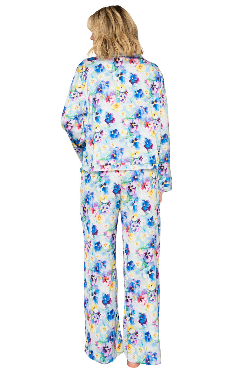 Blue Floral Print | Luxe Floral Satin Long Sleeve & Wide Leg Pajama Set Back