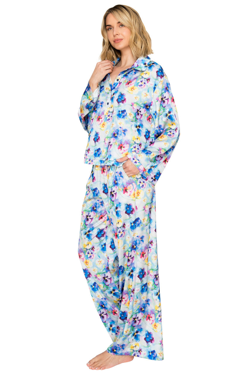Blue Floral Print | Luxe Floral Satin Long Sleeve & Wide Leg Pajama Set Alt Angle