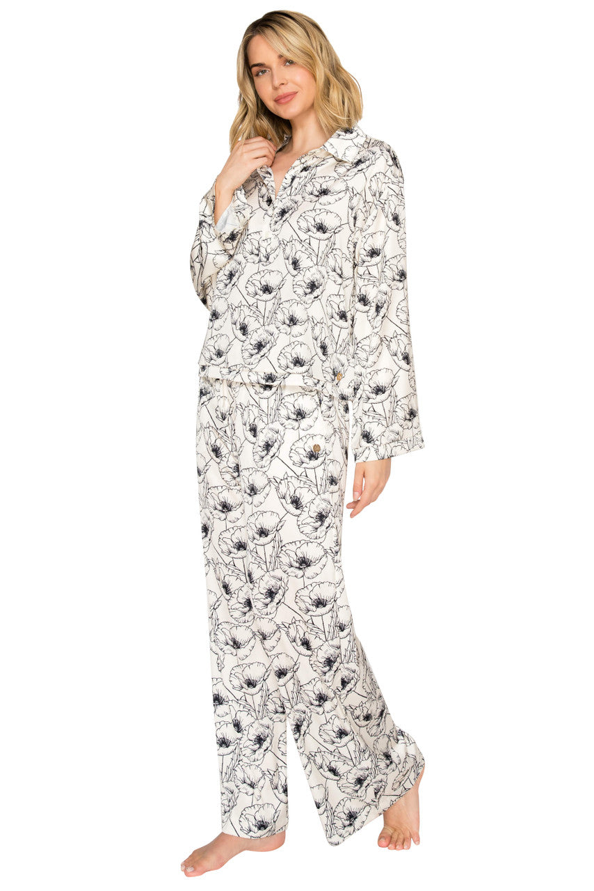 Ivory/Black Floral Print | Luxe Floral Satin Long Sleeve & Wide Leg Pajama Set Front