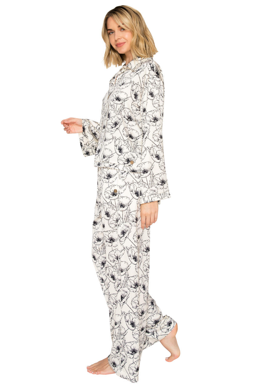 Ivory/Black Floral Print | Luxe Floral Satin Long Sleeve & Wide Leg Pajama Set Side