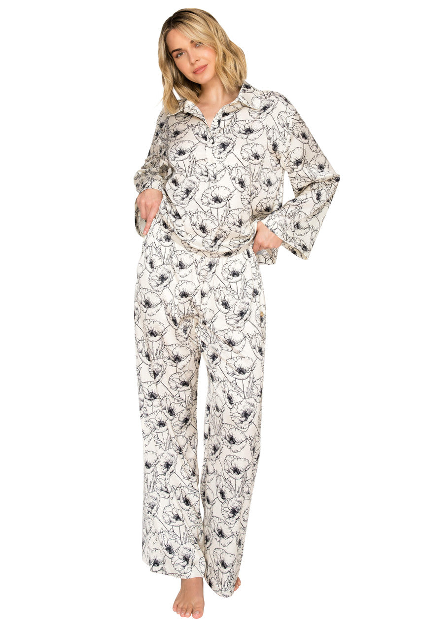 Ivory/Black Floral Print | Luxe Floral Satin Long Sleeve & Wide Leg Pajama Set Alt Angle