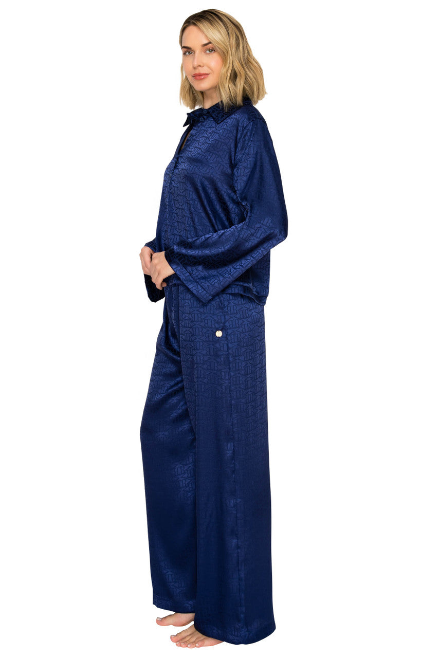 Blueberry | Luxe Monogram Satin Long Sleeve Wide Leg Pajama Set Side
