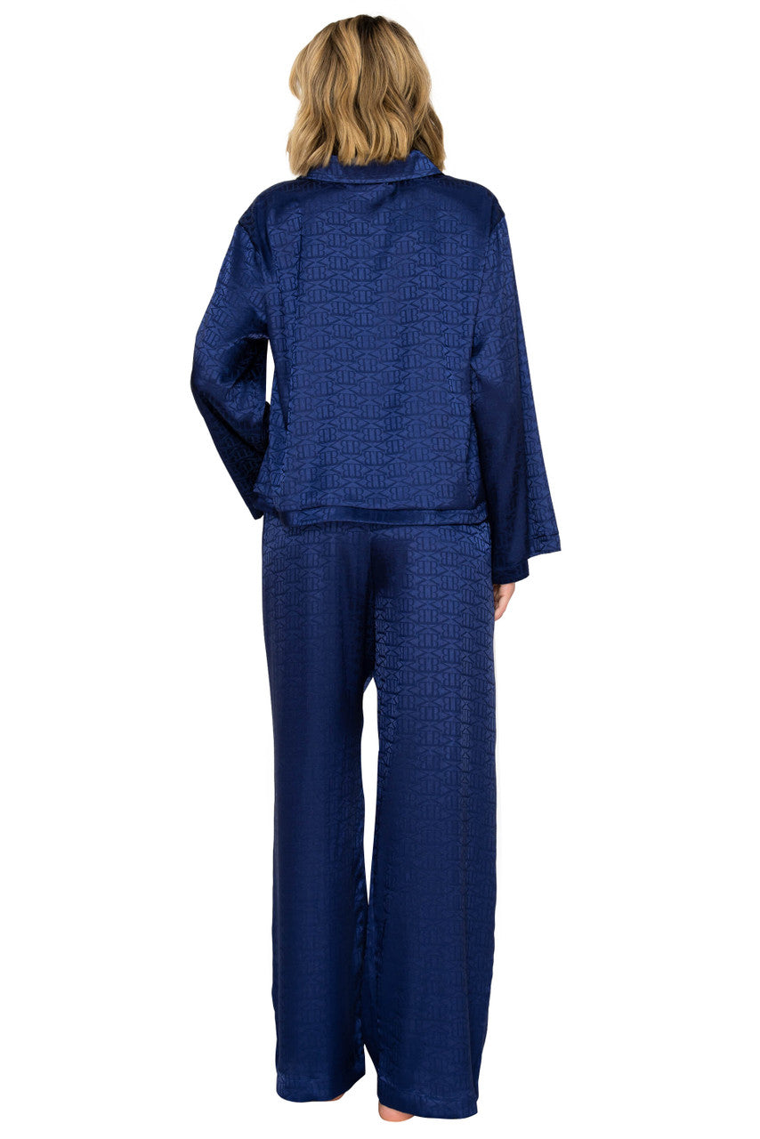 Blueberry | Luxe Monogram Satin Long Sleeve Wide Leg Pajama Set Back