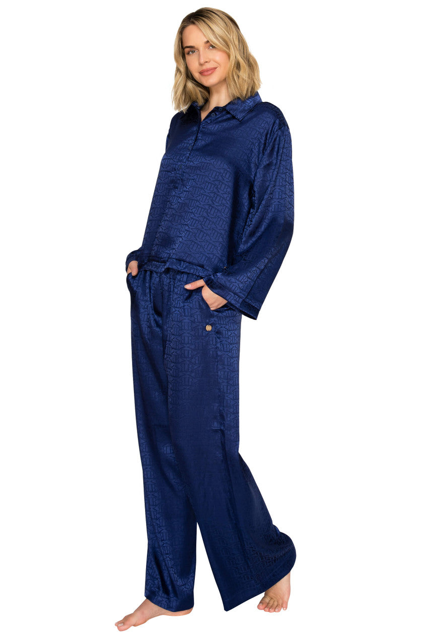 Blueberry | Luxe Monogram Satin Long Sleeve Wide Leg Pajama Set Alt Angle
