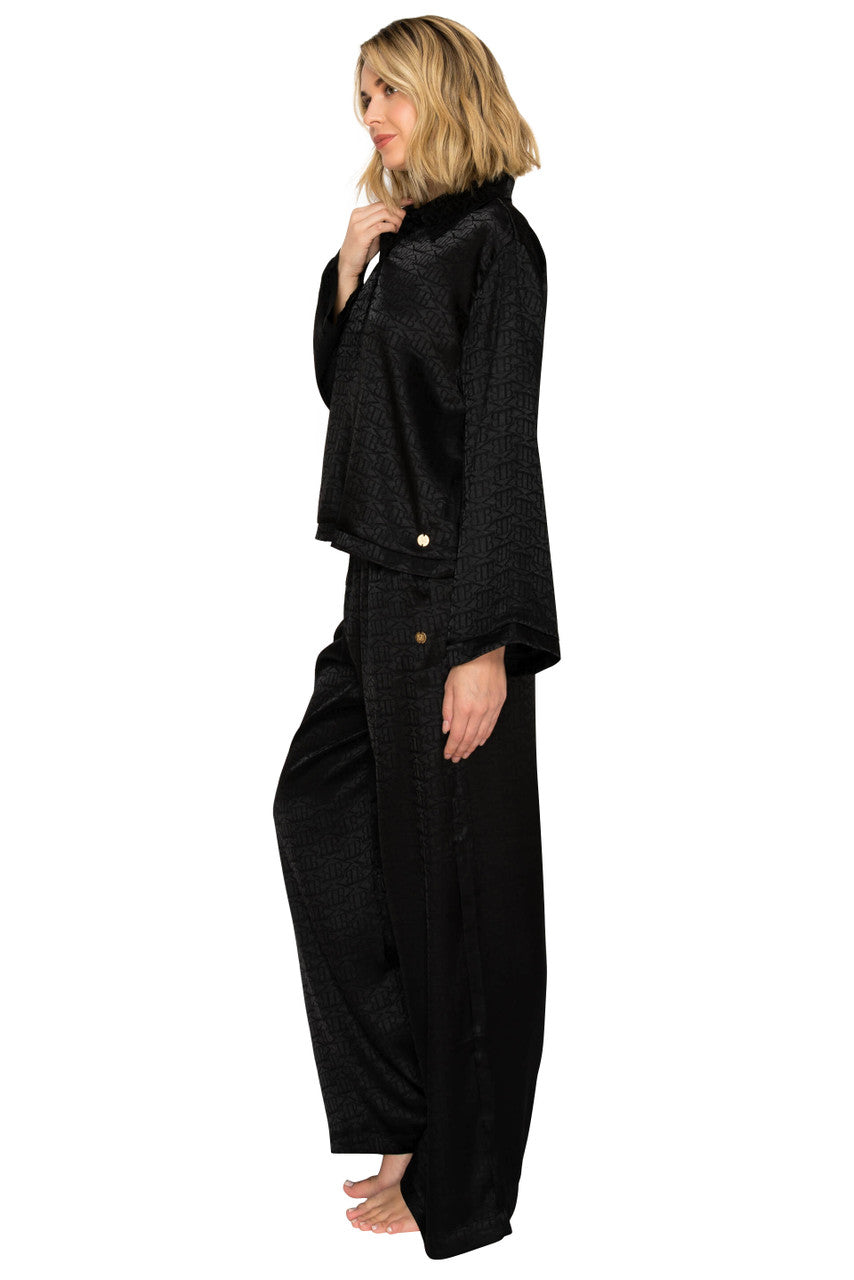 Jet Black | Luxe Monogram Satin Long Sleeve Wide Leg Pajama Set Side