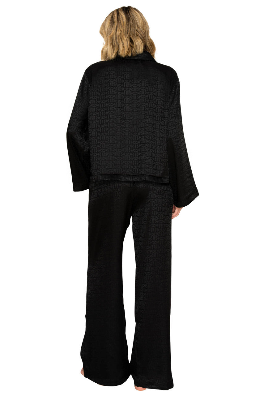 Jet Black | Luxe Monogram Satin Long Sleeve Wide Leg Pajama Set Back