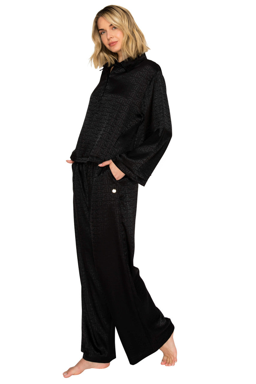 Jet Black | Luxe Monogram Satin Long Sleeve Wide Leg Pajama Set Alt Angle