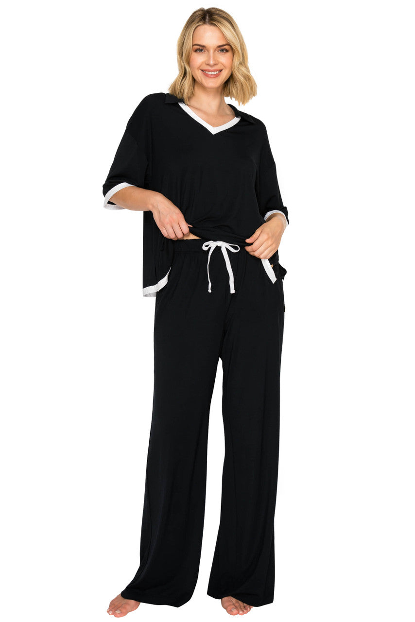 Jet Black | Yummy Modal Blend Short Sleeve & Wide Leg Pant Set Front